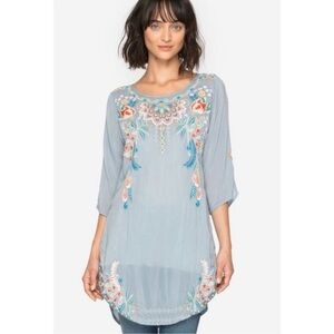 Johnny Was Sindri Georgette Embroidered Tunic Top Fog Blue Size Large Boho